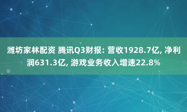 潍坊家林配资 腾讯Q3财报: 营收1928.7亿, 净利润631.3亿, 游戏业务收入增速22.8%